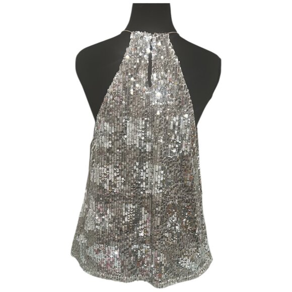 Zara TRF Silver Sequin Halter Top | Large | Back Button Neck Closure | NWOT - Picture 4 of 13